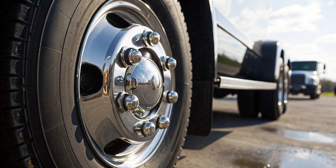 Close-up of a truck valve core seated inside a tire's metal valve stem.