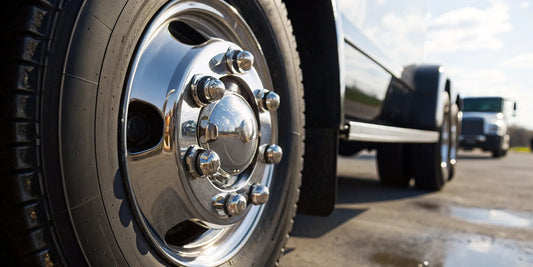 Close-up of a truck valve core seated inside a tire's metal valve stem.