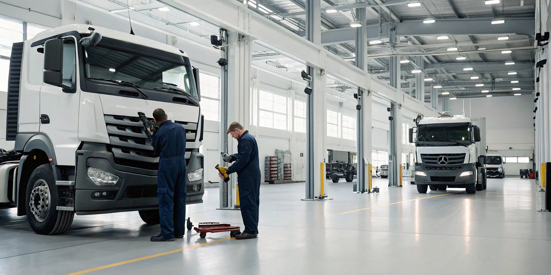 A technician performs commercial truck maintenance at a service center in Watertown.