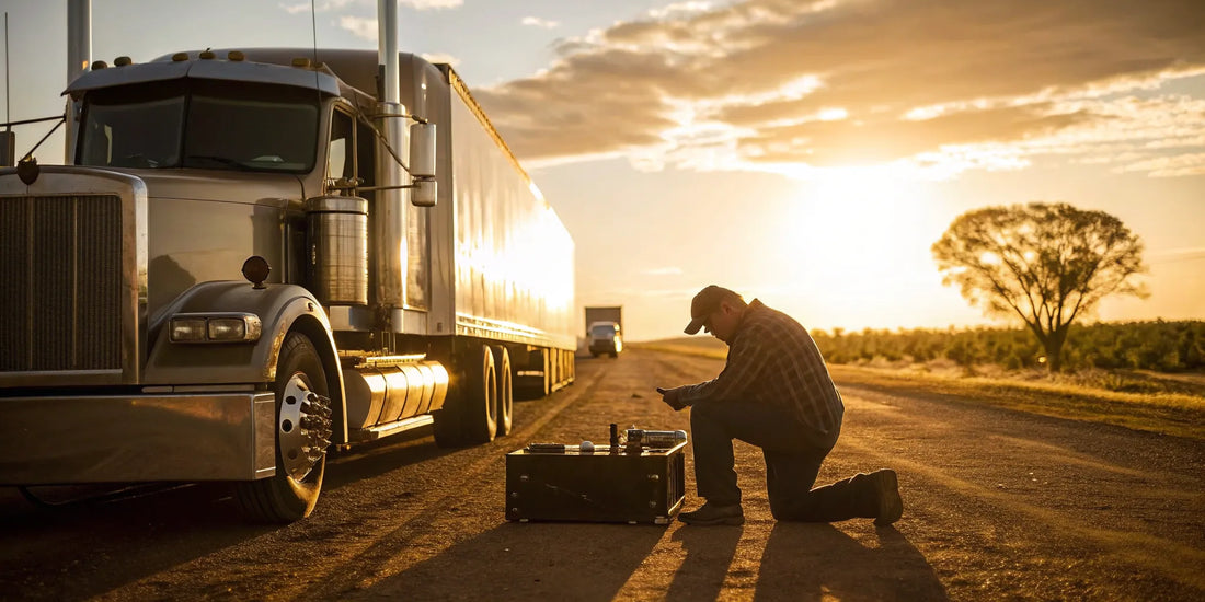 Mobile truck mechanic performing an emergency roadside repair on a semi truck.