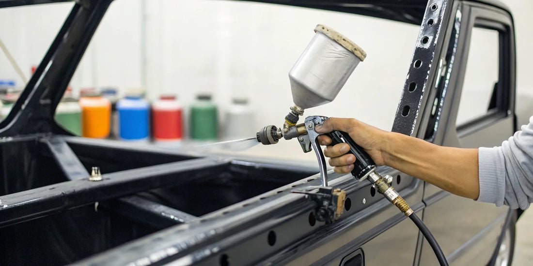 Applying the best paint to a truck frame with a spray gun for a durable, rust-proof finish.