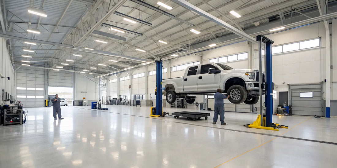 Mechanics performing custom repair work on a lifted truck in a professional shop.