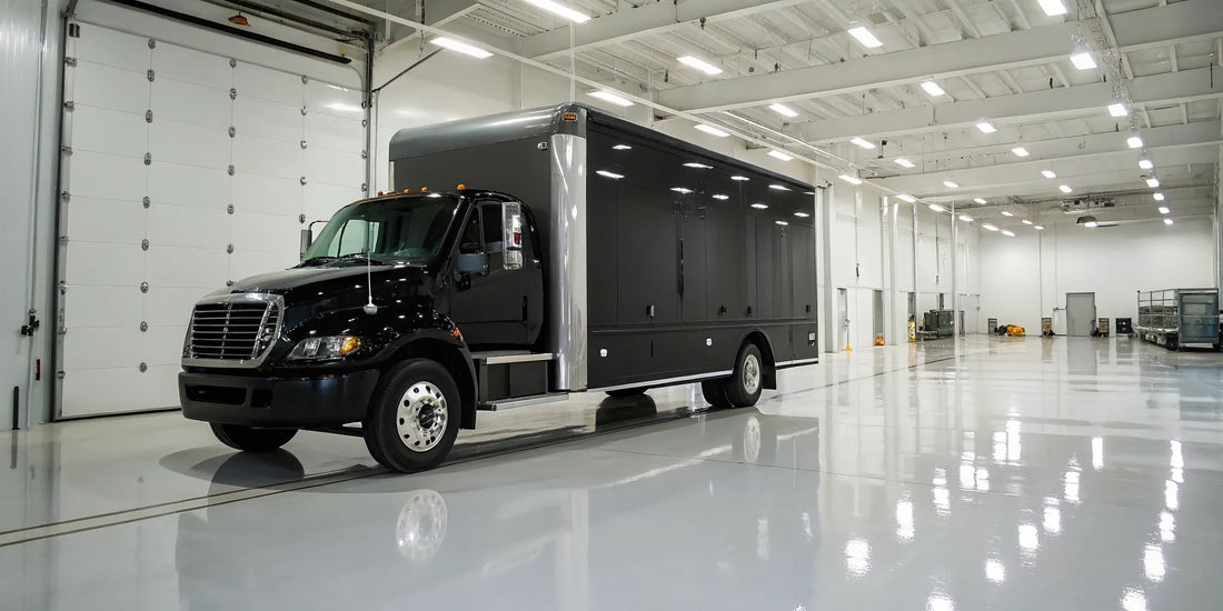 A black commercial box truck prepped in a warehouse and ready to sell.