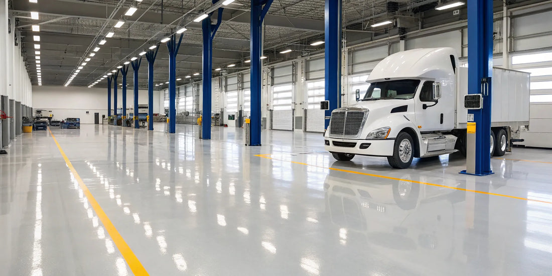 A semi truck in a service bay at a professional diesel repair shop in Sioux Falls, SD.