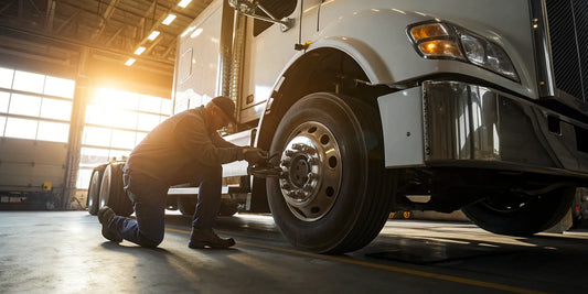 Mechanic changing the disc brakes on a semi truck.
