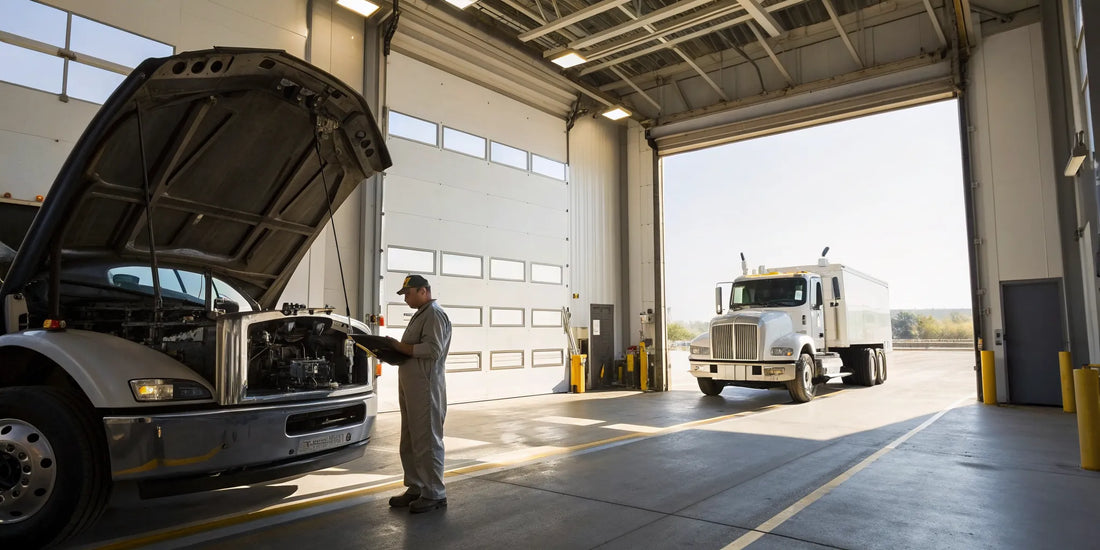 A Detroit Diesel specialist inspects a truck engine at a repair shop in Pipestone, MN.