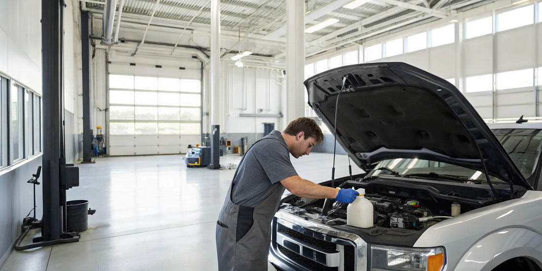 Technician performing diesel fuel system repair on a truck in Marshall, MN.