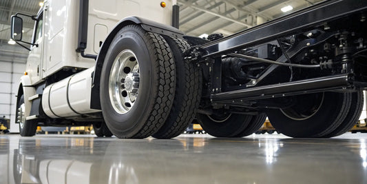 Hendrickson semi truck suspension, axle, and brake parts on a white chassis.