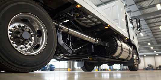 Hendrickson semi truck suspension and axle parts installed on a truck in a service bay.