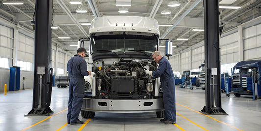 Technicians servicing a Detroit Diesel engine in a truck at the Pipestone service center.